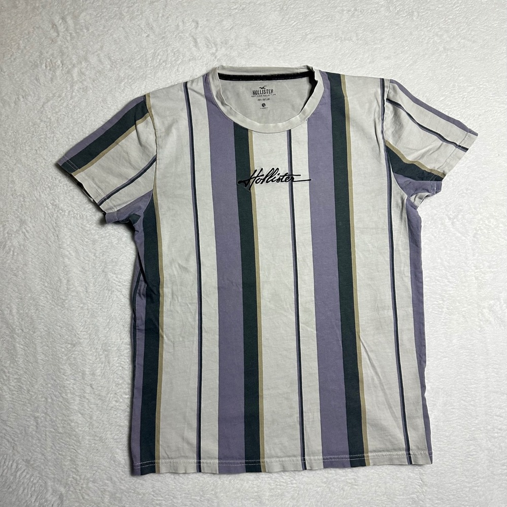 Hollister Men's Vertical Stripe Script Logo Tee Shirt Purple/Green S Surf Casual